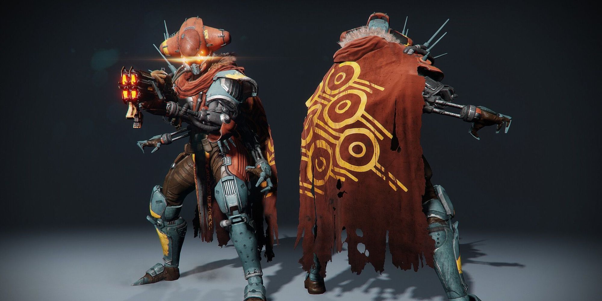 Destiny wide shot of the front and back of Taniks who is holding a rifle against a grey backdrop