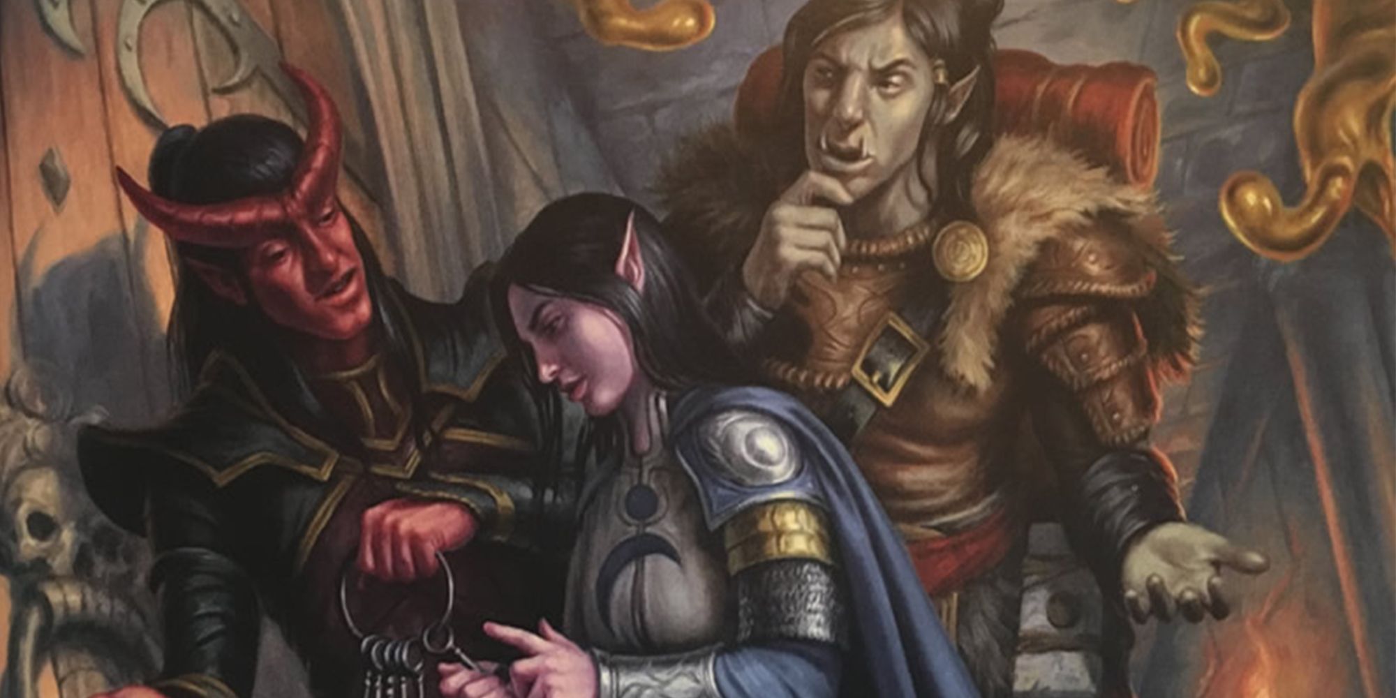 Dungeon & Dragons, a tiefling, an elf, and a half orc behind a locked door