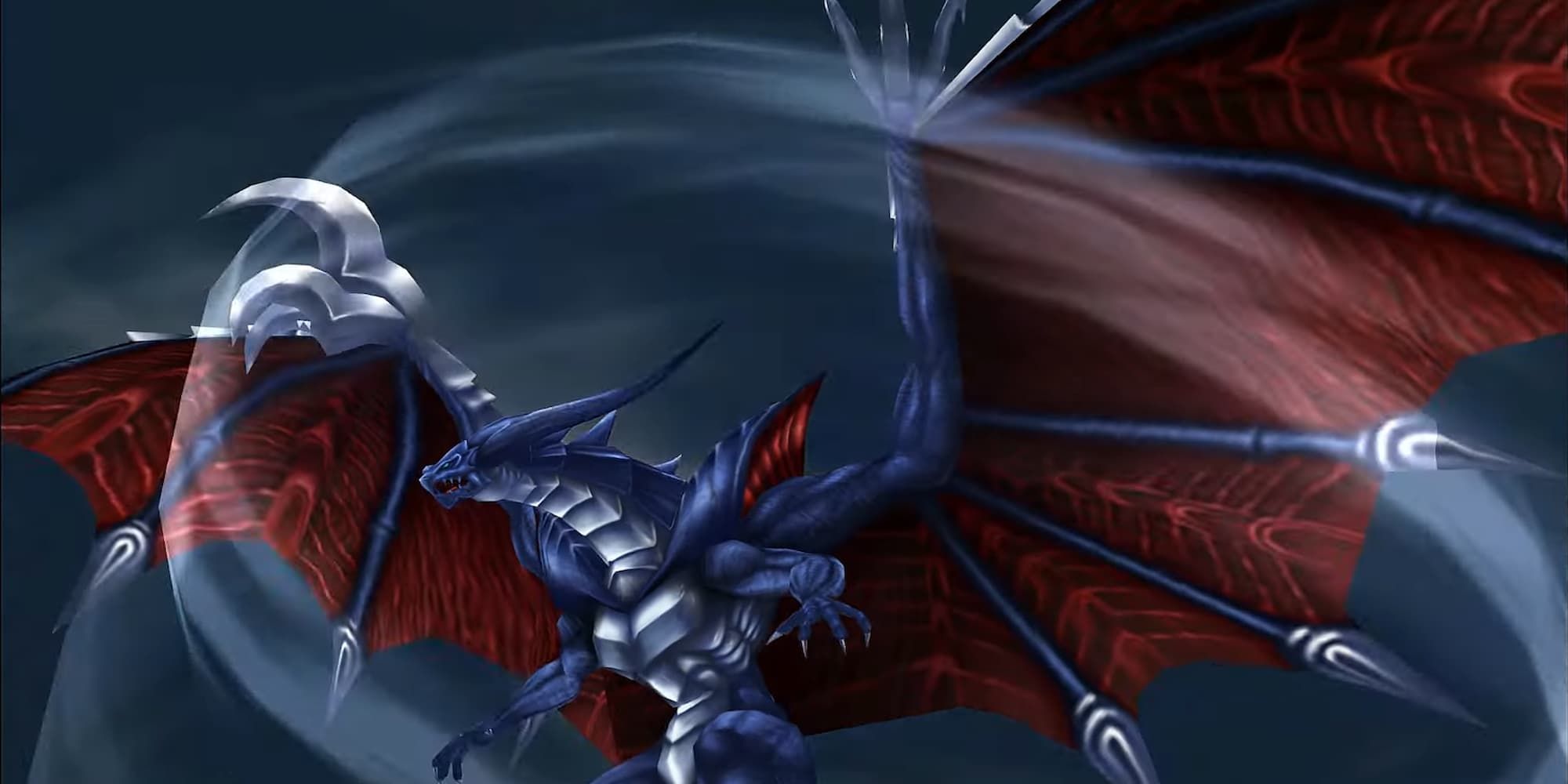 FF8 Bahamut giant purple dragon with red wings flying against a dark sky