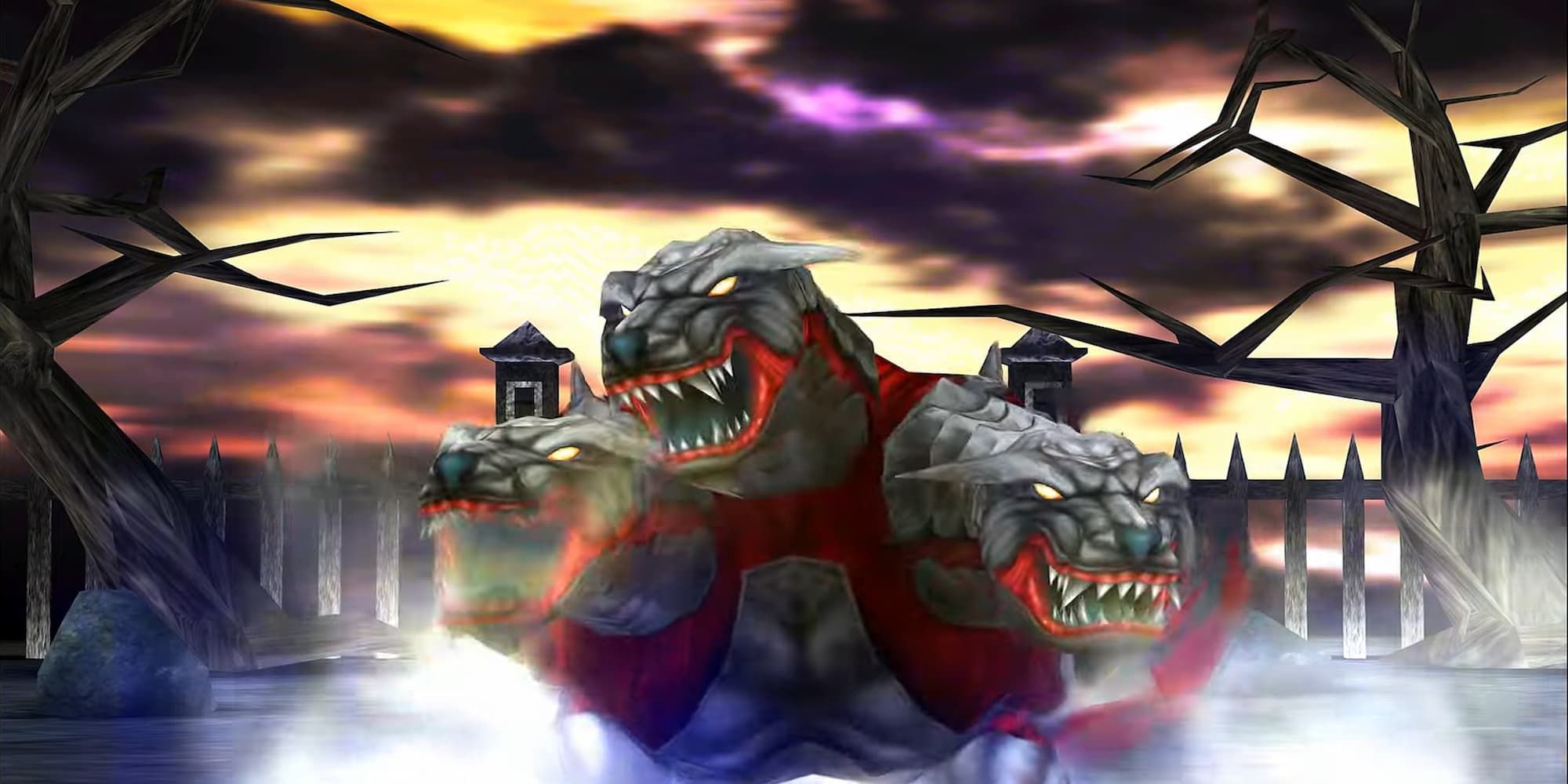 FF8 Cerberus three-headed dog standing at cementary facing camera