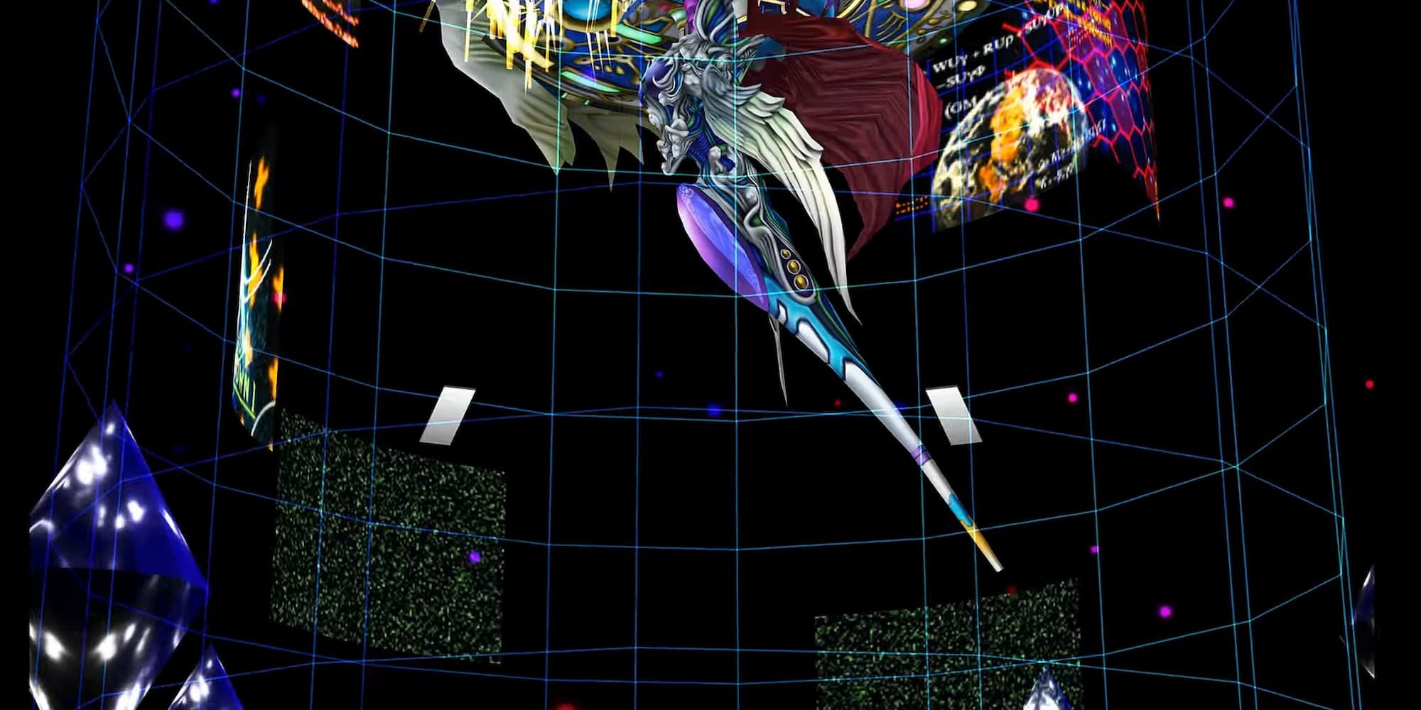 FF8 Eden computer graphics against a dark background, enormous cosmic horror looking creature descends