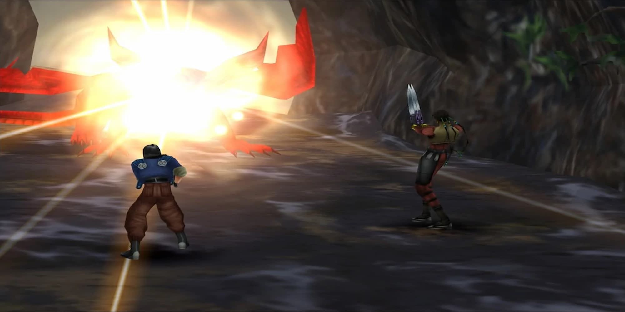 FF8 Flare Laguna and Kiros facing away from camera toward Ruby dragon which is hit by bright red magic