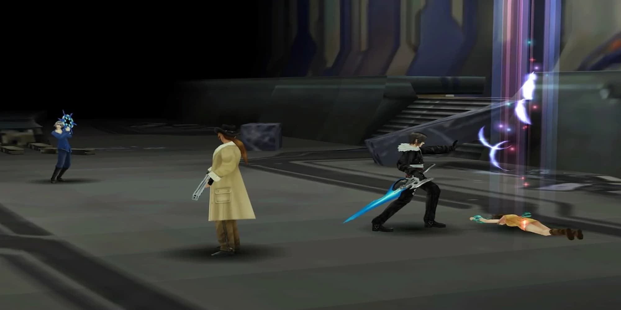 FF8 Full-life party fighting a woman and squall facing knocked out selphie and casting revive spell with white light and feathers surrounding her