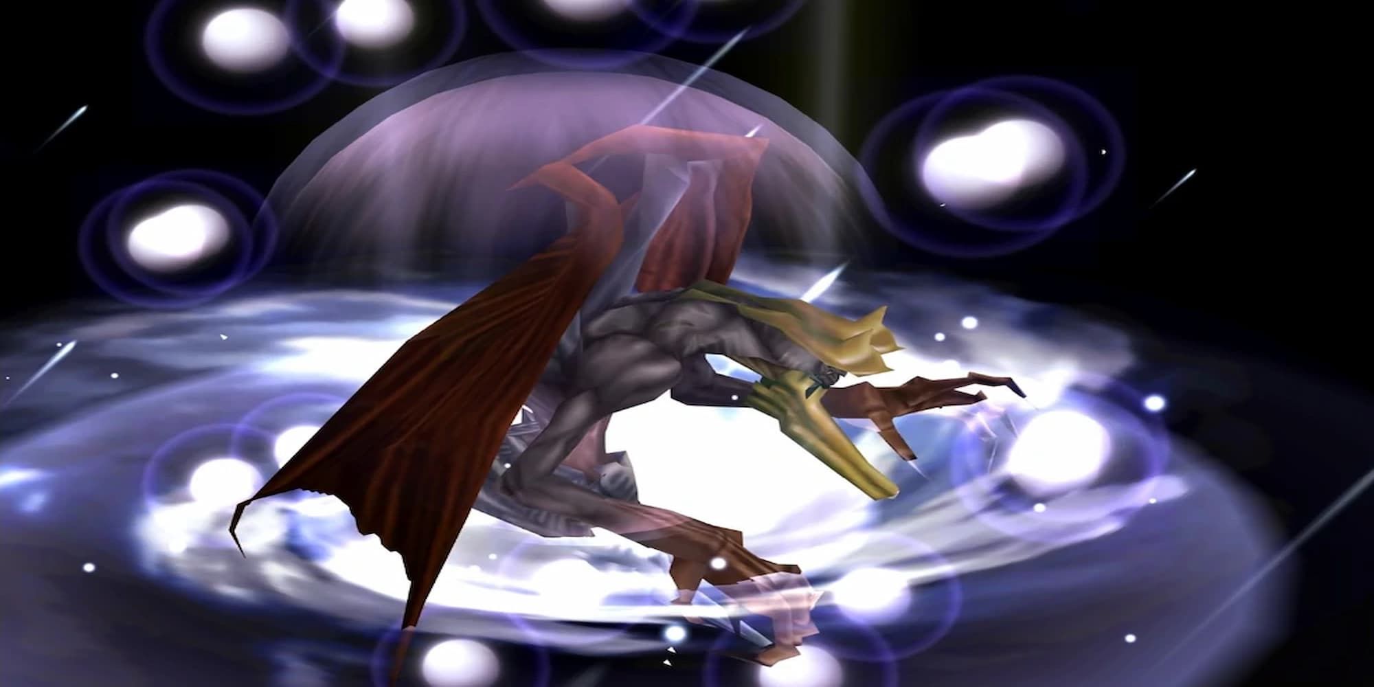 FF8 Holy giant winged monster in darkness surrounded by bright white holy magic