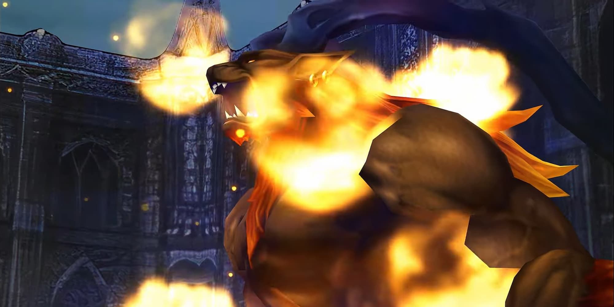 FF8 Ifrit closeup of giant horned brown and red beast charging flames in mouth