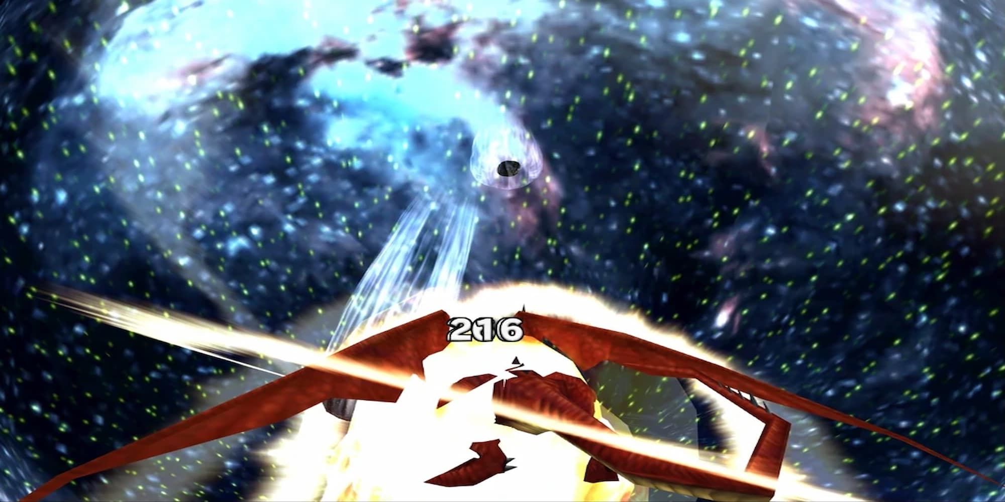 FF8 Meteor Ruby dragon hovering in space hit repeatedly by giant meteors