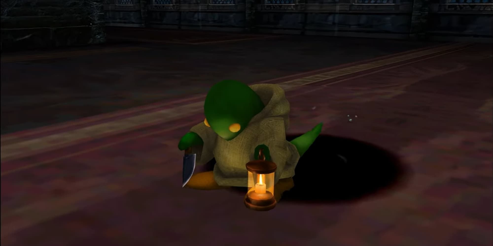 FF8 Tonberry tiny green lizard standing on red carpet holding a lantern and knife