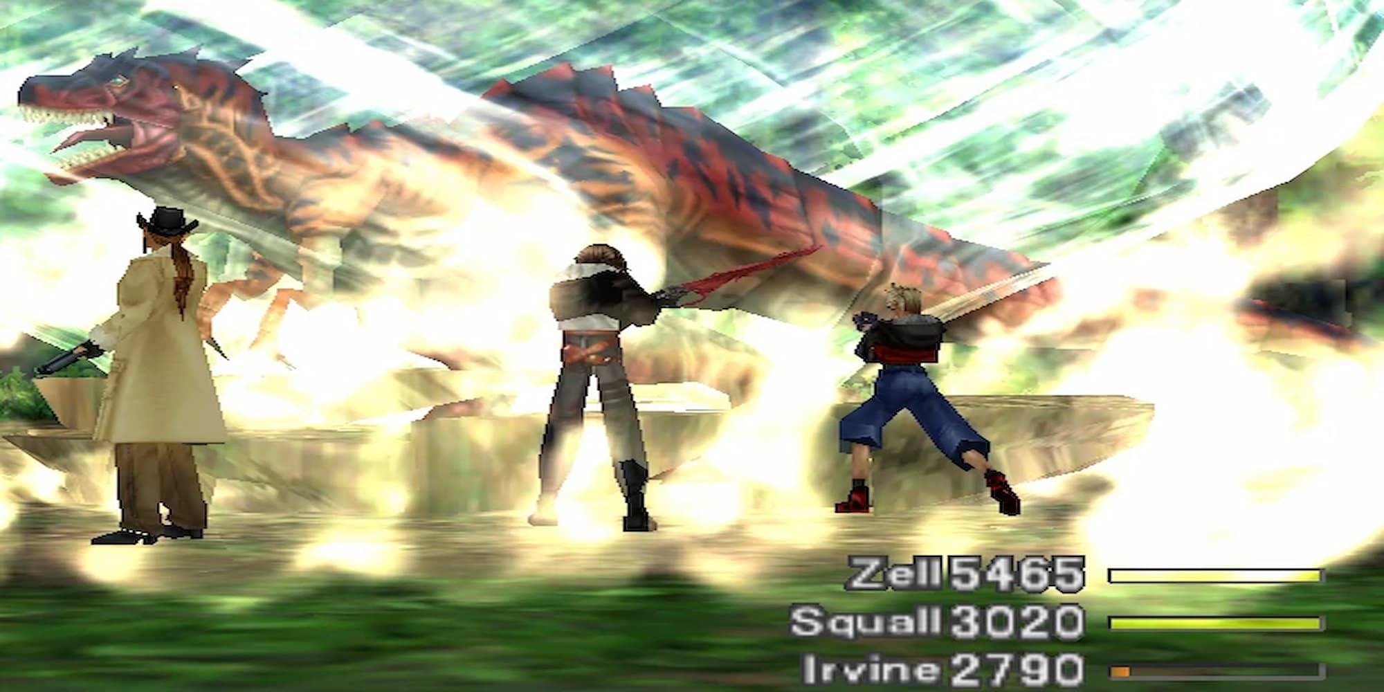 FF8 Tornado party in battle facing giant T-Rex which is surrounded by powerful white winds