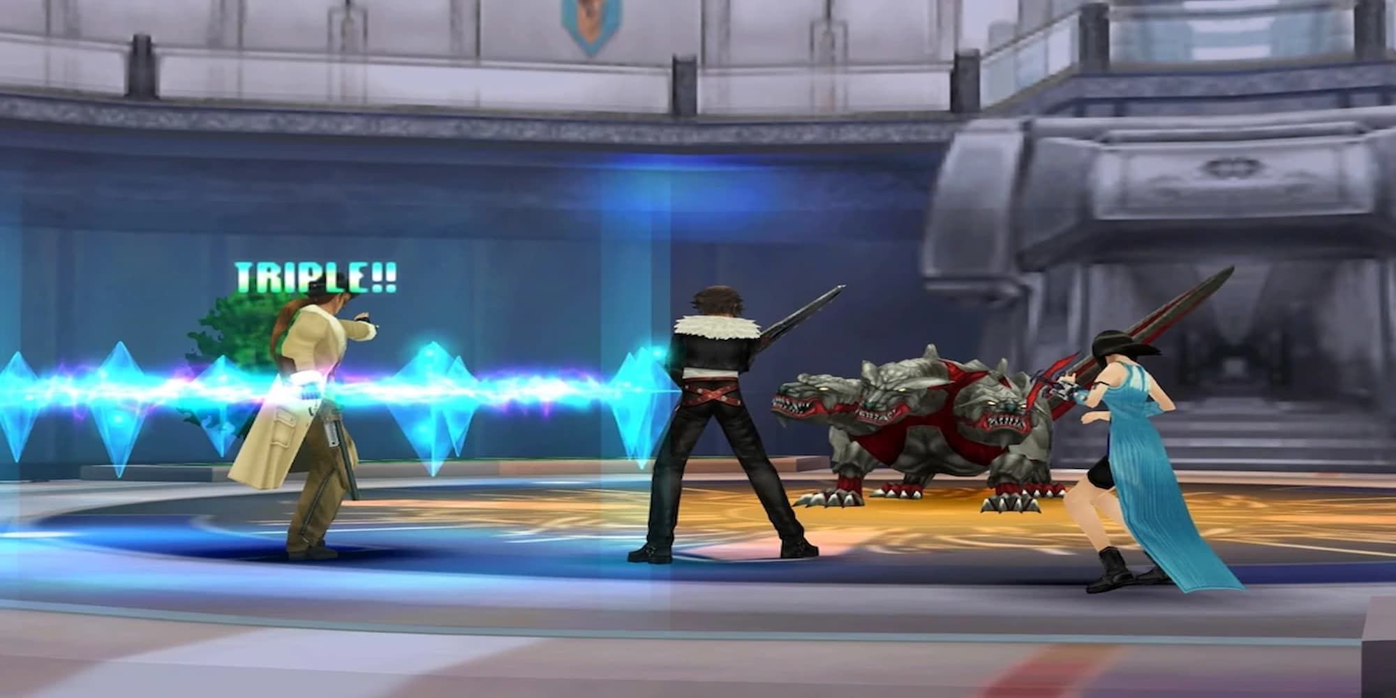FF8 Triple party fighting cerberus in school with blue lights and word triple surrounding Irvine