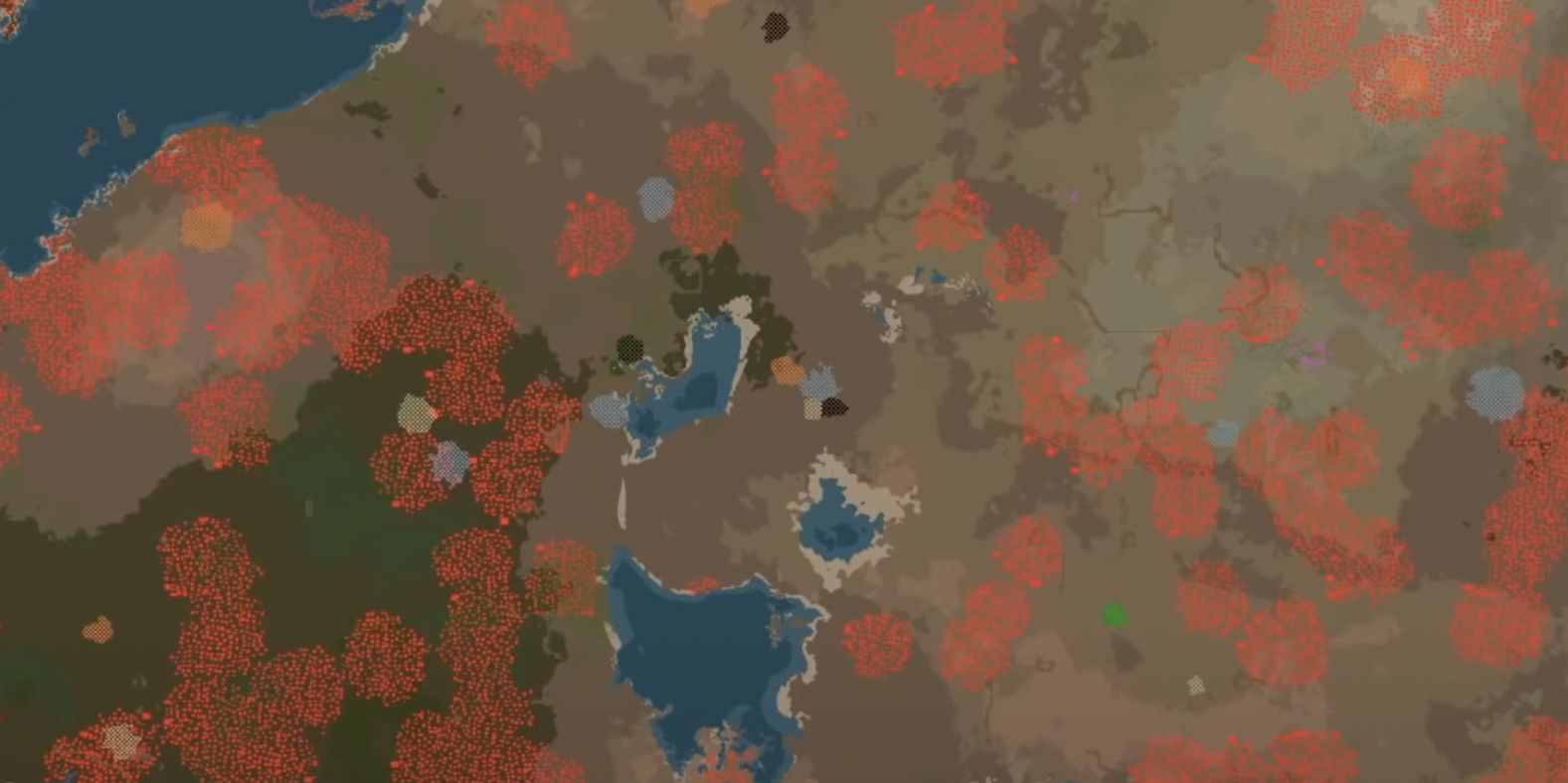 A map showing hundreds of Biter nests in Factorio.
