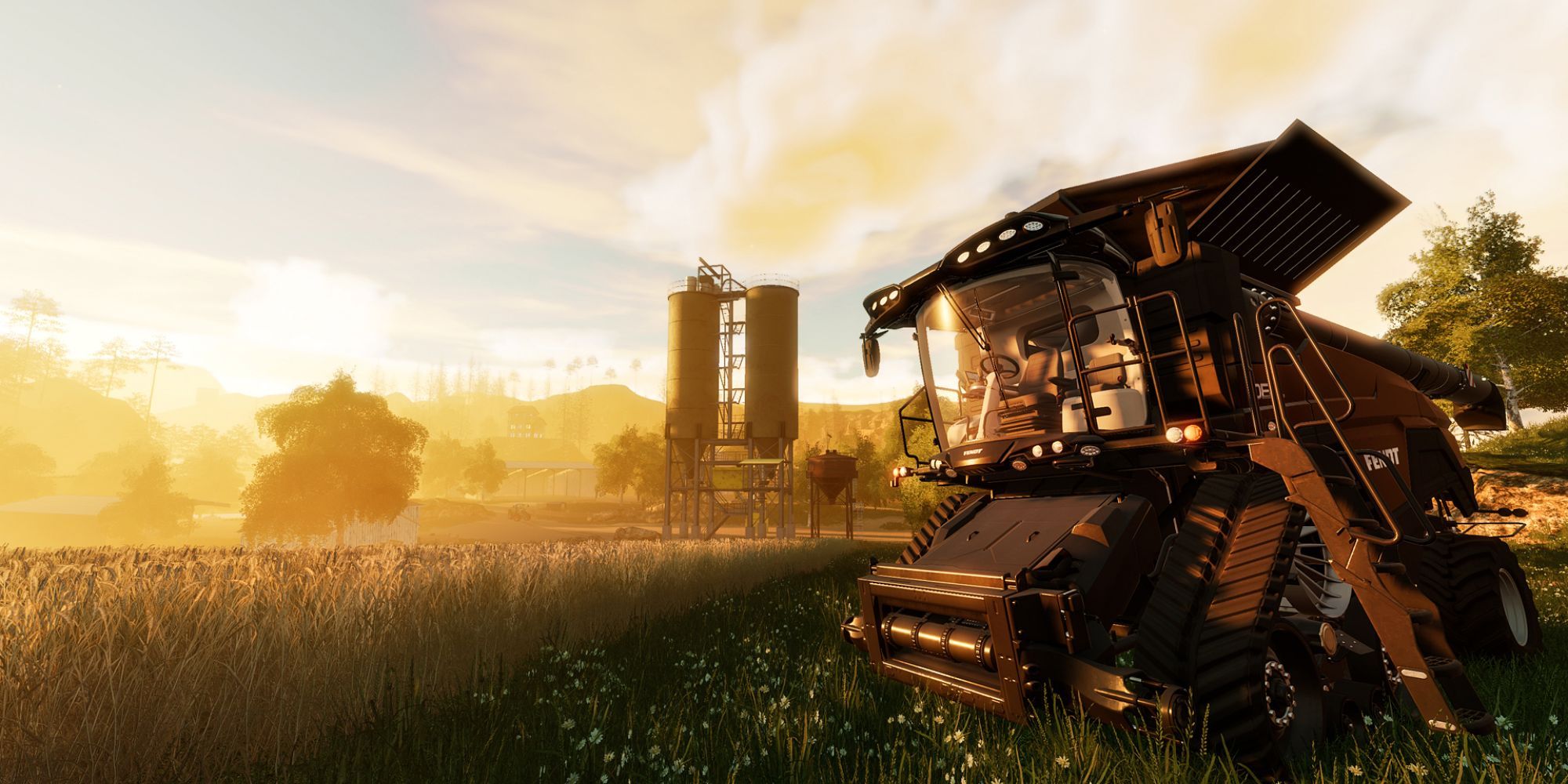 Farming Simulator machinery with sunset in field