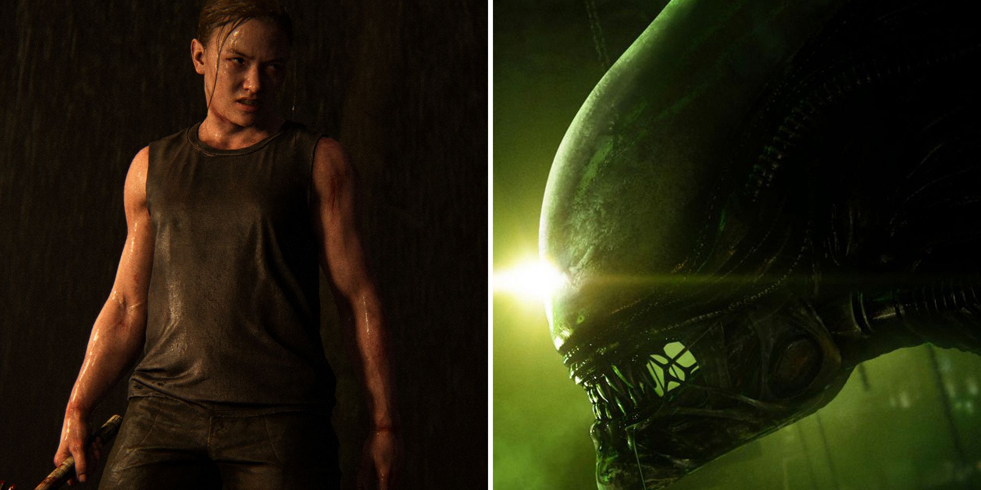 Split image. The Last Of Us 2 Abby holding a weapon on left and Xenomorph from Alien: Isolation on right.