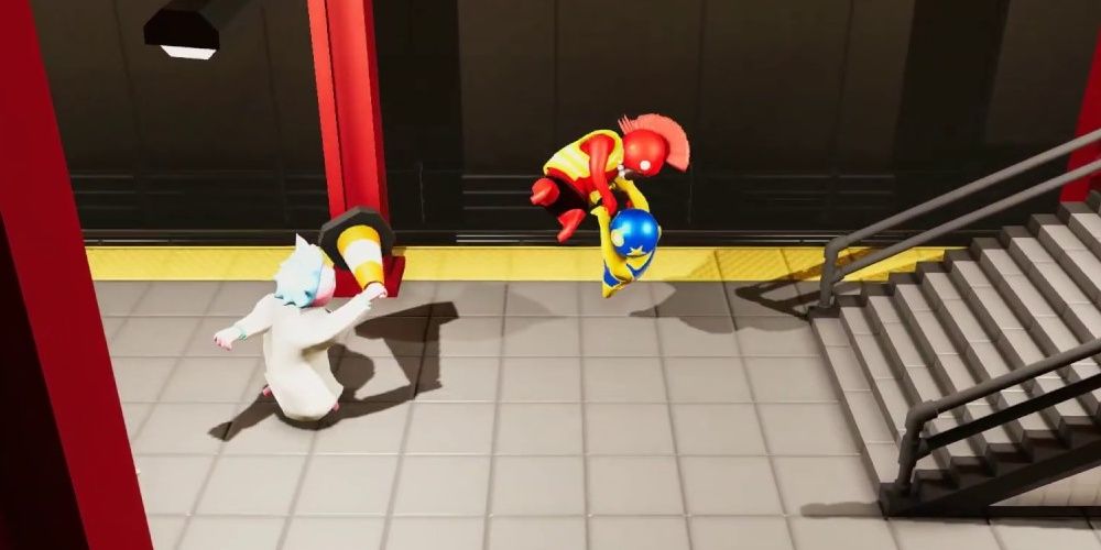 Gang Beasts brawler dropkicking an opponent mid air in the subway
