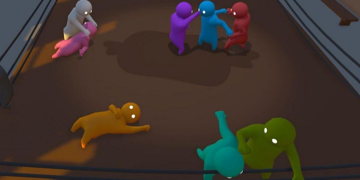 Gang Beasts group fight with multiple fighters sliding 
