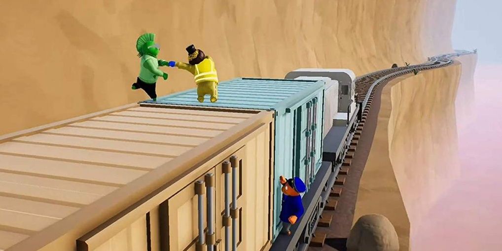 Gang Beasts fighter throwing opponent off the train 