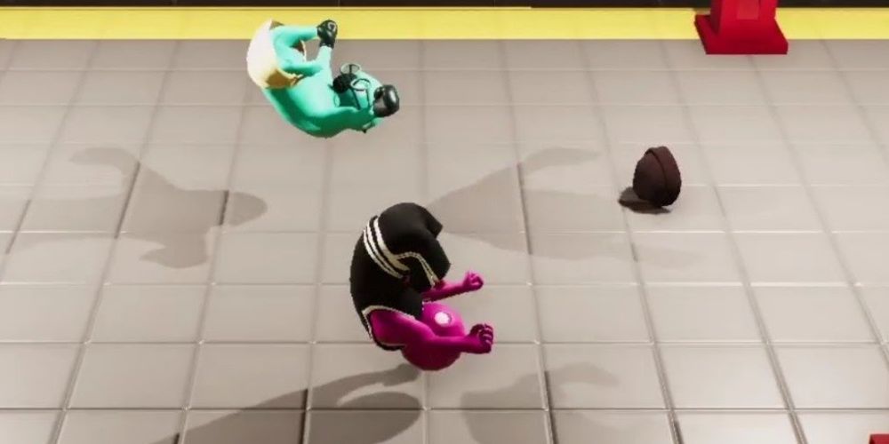 Gang Beasts fighters both spin kicking 