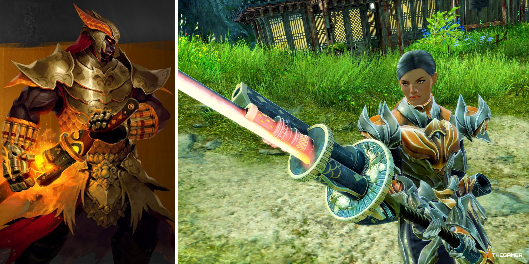 Guild Wars 2 - Bladesworn Promo art on left, in-game Bladesworn on right