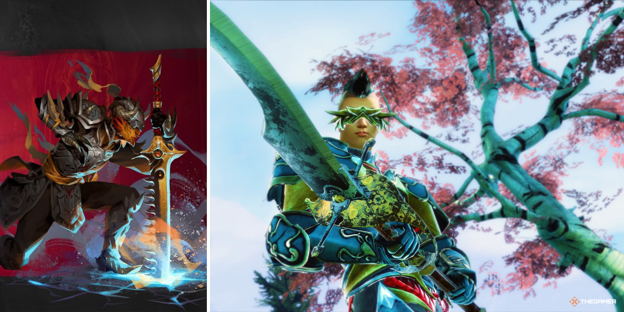 Guild Wars 2 - Vindicator Promo art on left, in-game Vindicator on right