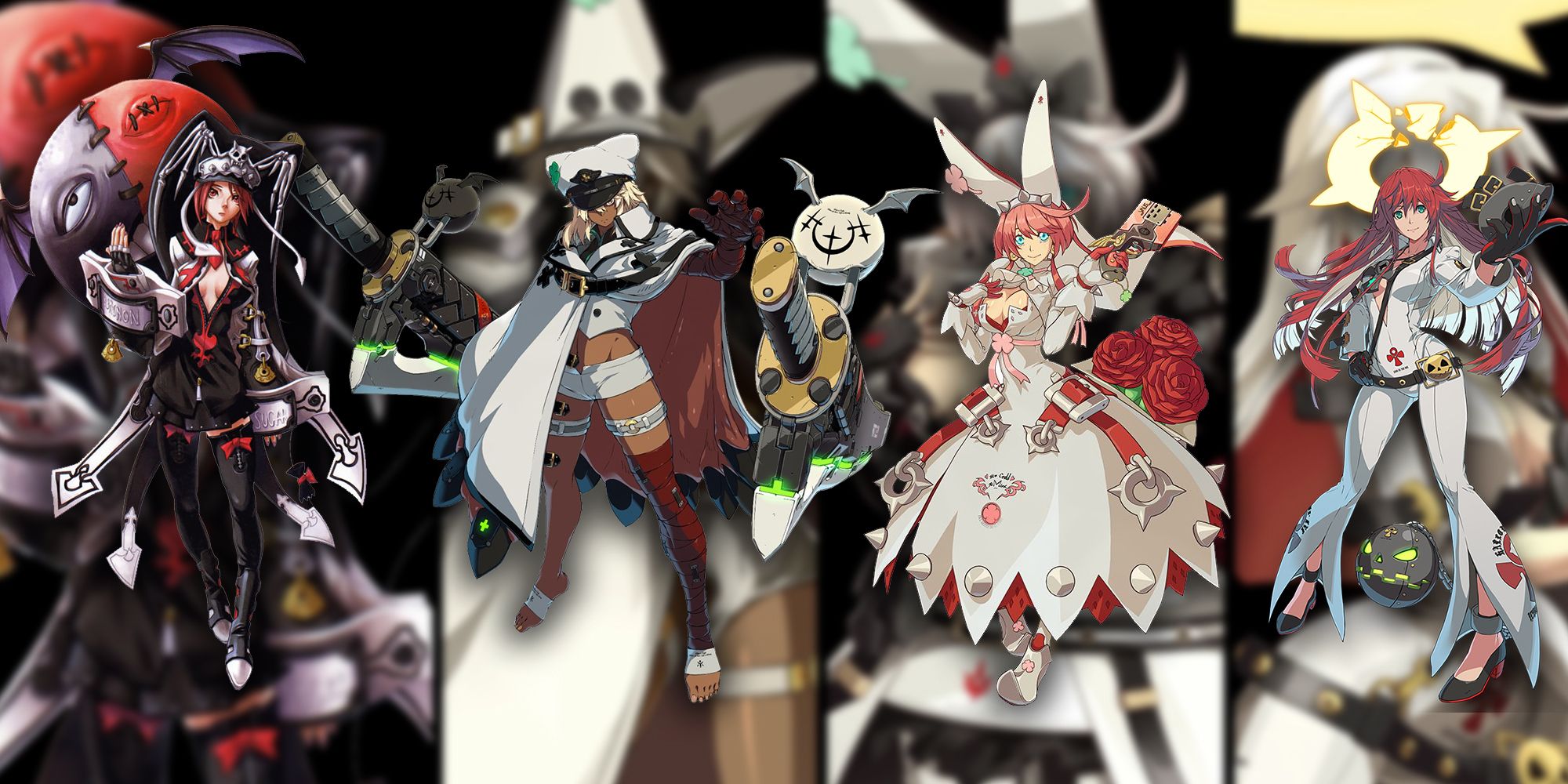 Guilty Gear - All Four Main Valentine Characters PNGs Overlaid On Image Of All Four Valentines As Well.