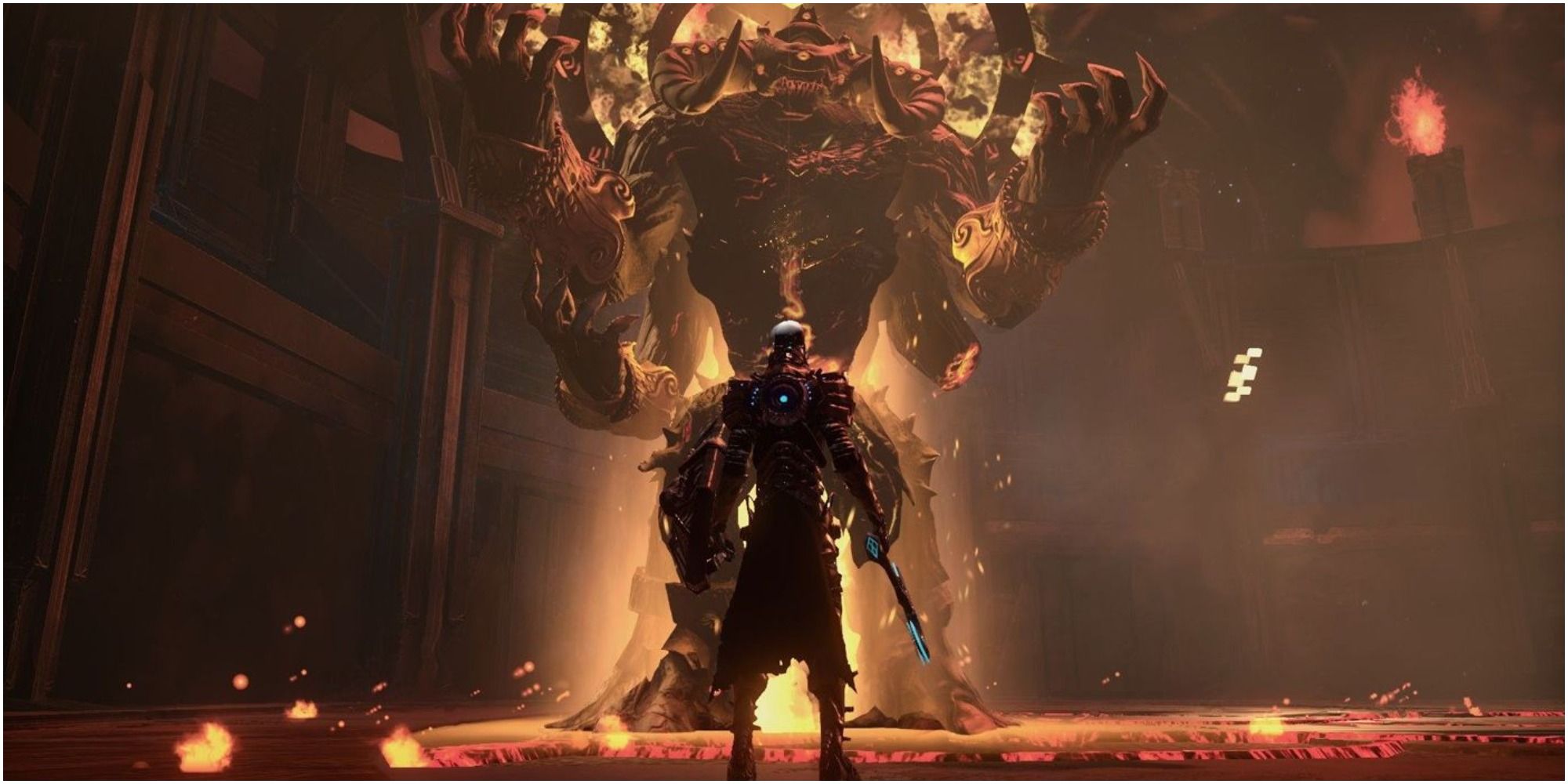 The player's character facing down a demon boss in Hellpoint
