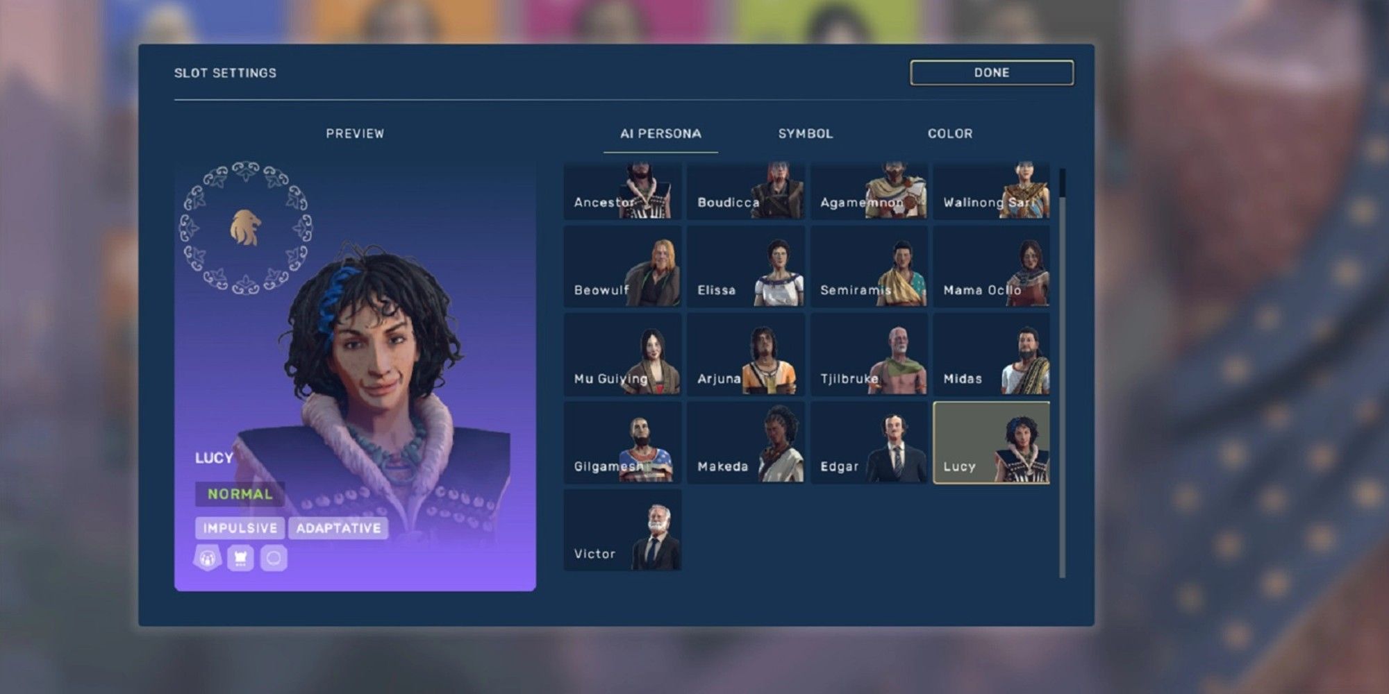 AI choosing screen with Lucy highlighted
