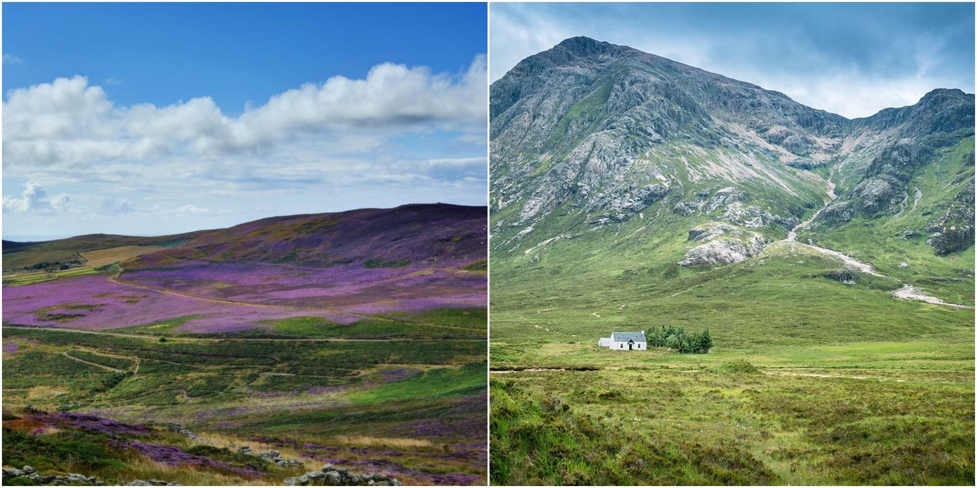 landscapes of Isle of Man (left) and Scottish Highlands (right)