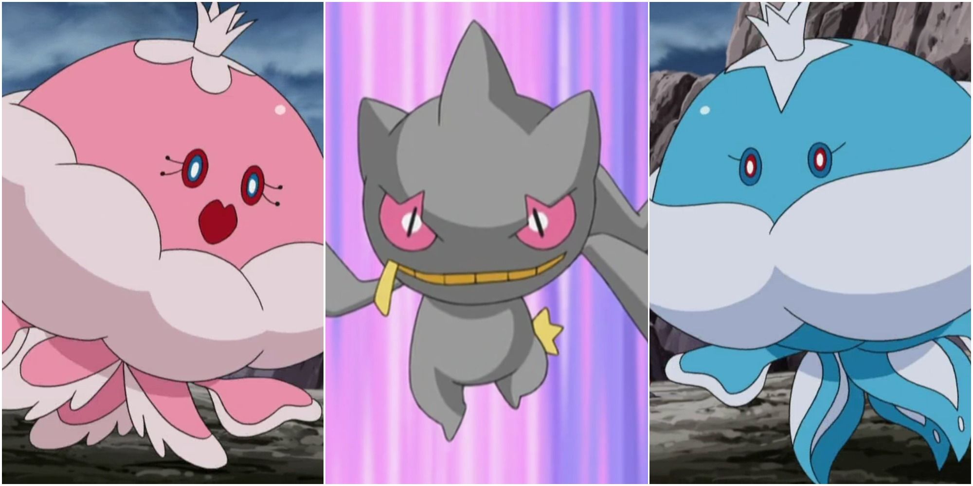 Female Jellicent (right) Banette (center) and Male Jellicent (left) in the Pokemon anime
