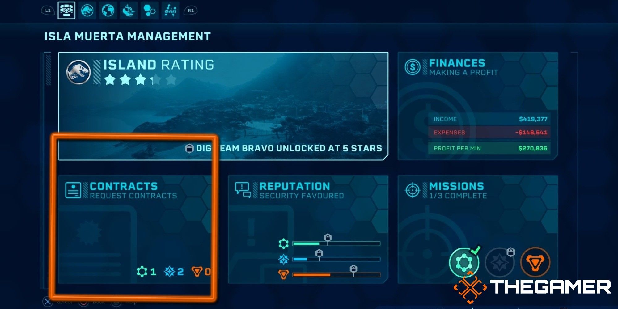 Jurassic World Evolution Management Menu Contracts Highlighted