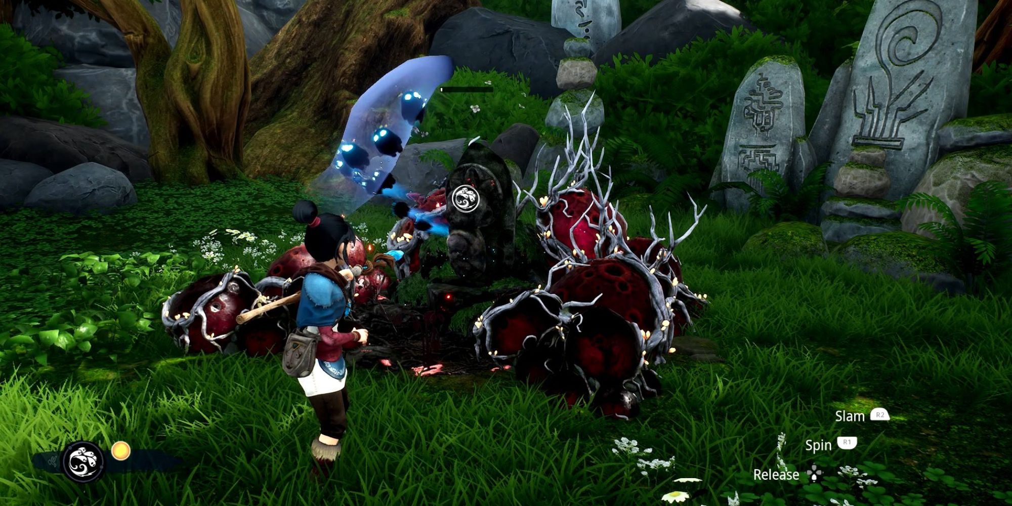Kena Bridge of Spirits mid shot of Kena controlling Rot which is above a corrupted Flower Shrine near stone ruins