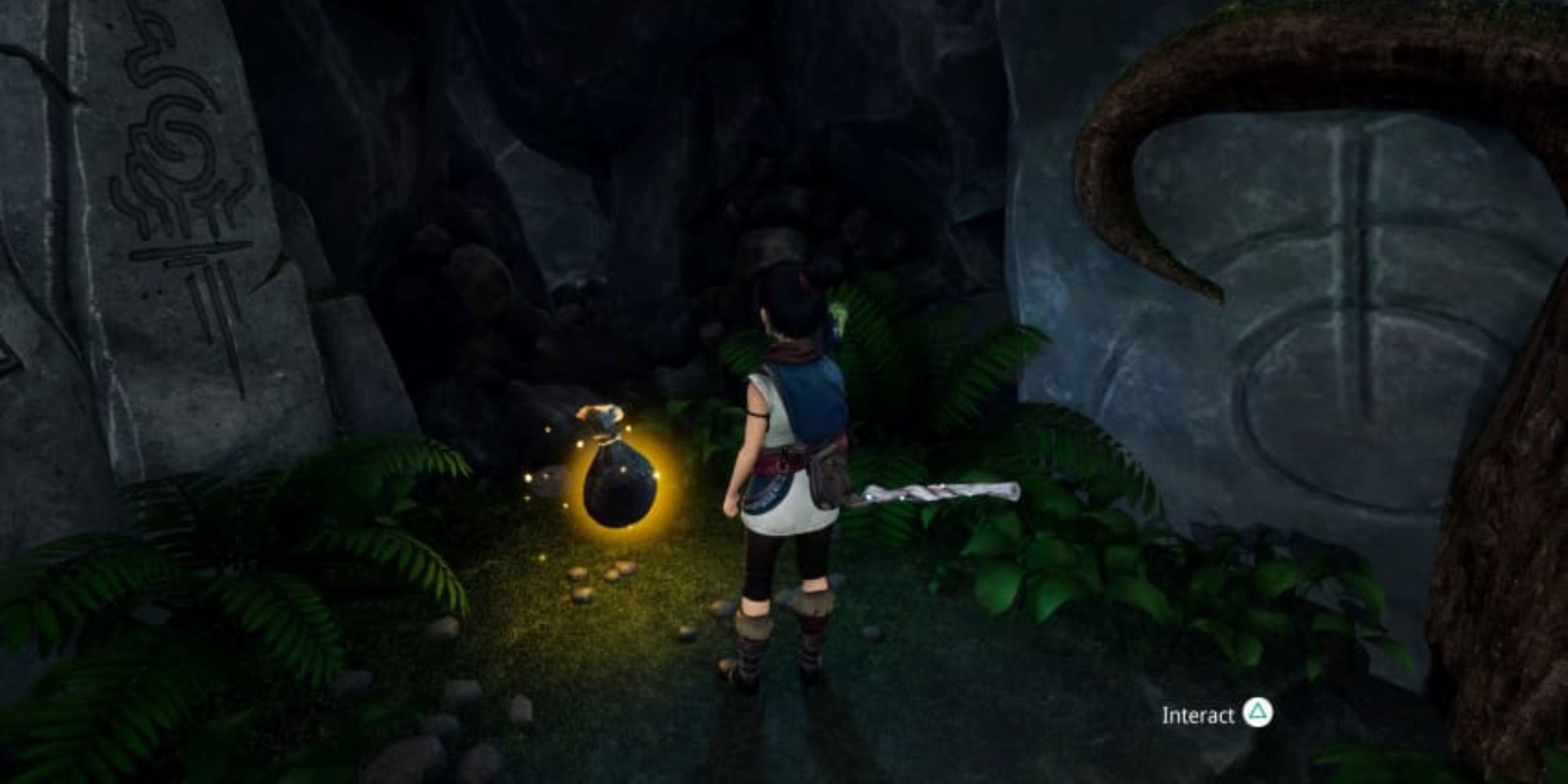 Kena Bridge of Spirits Kena surrounded by large rocks in front of a glowing bag of Spirit Mail