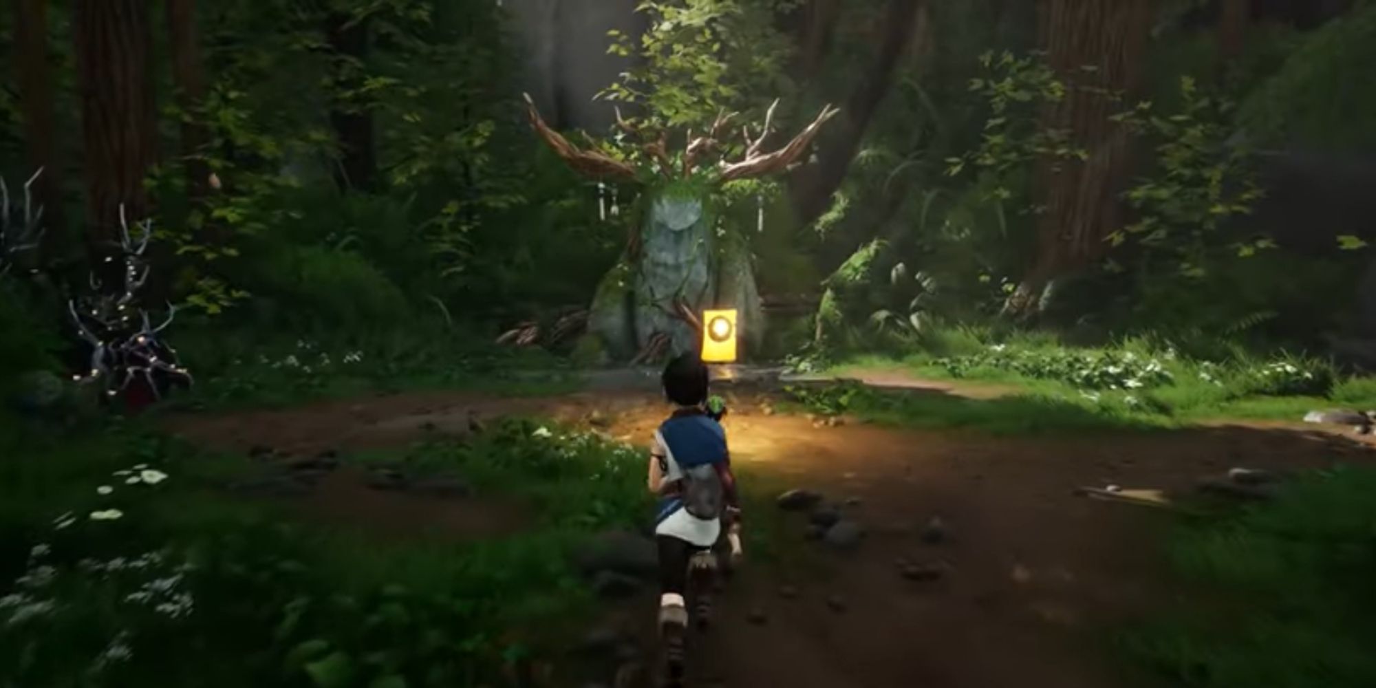 Kena Bridge of Spirits wide shot of Kena running towards golden scroll Spirit Memory surrounded by trees