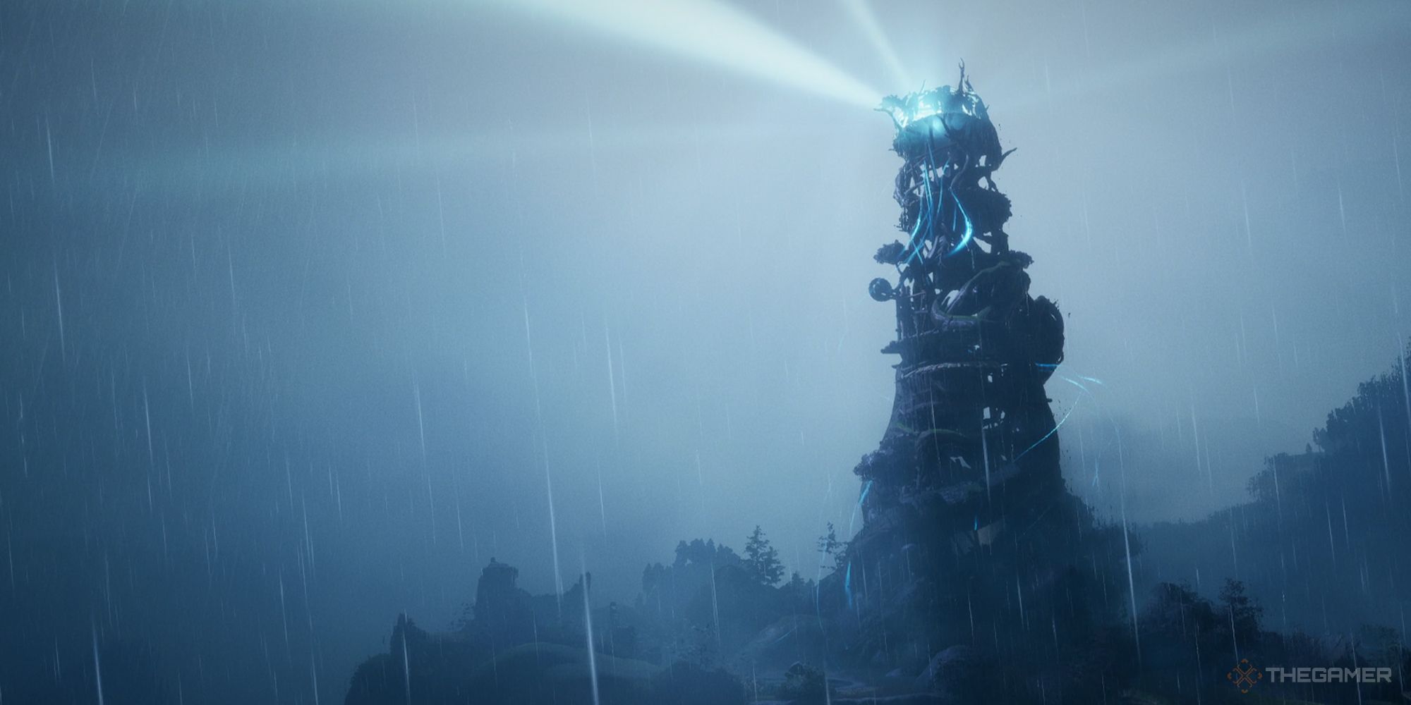 Kena Fields tower shining a blue beacon at night