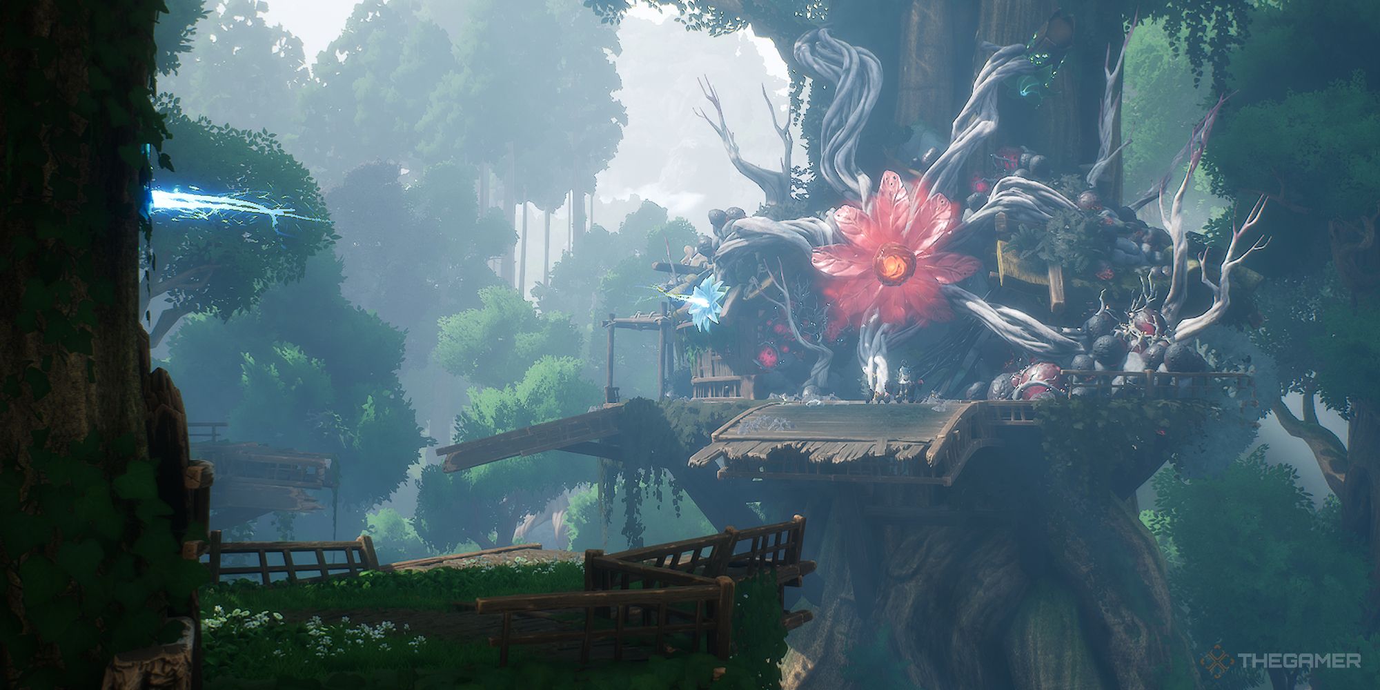 Kena Forgotten Forest corrupted with a giant red flower in a treetop village