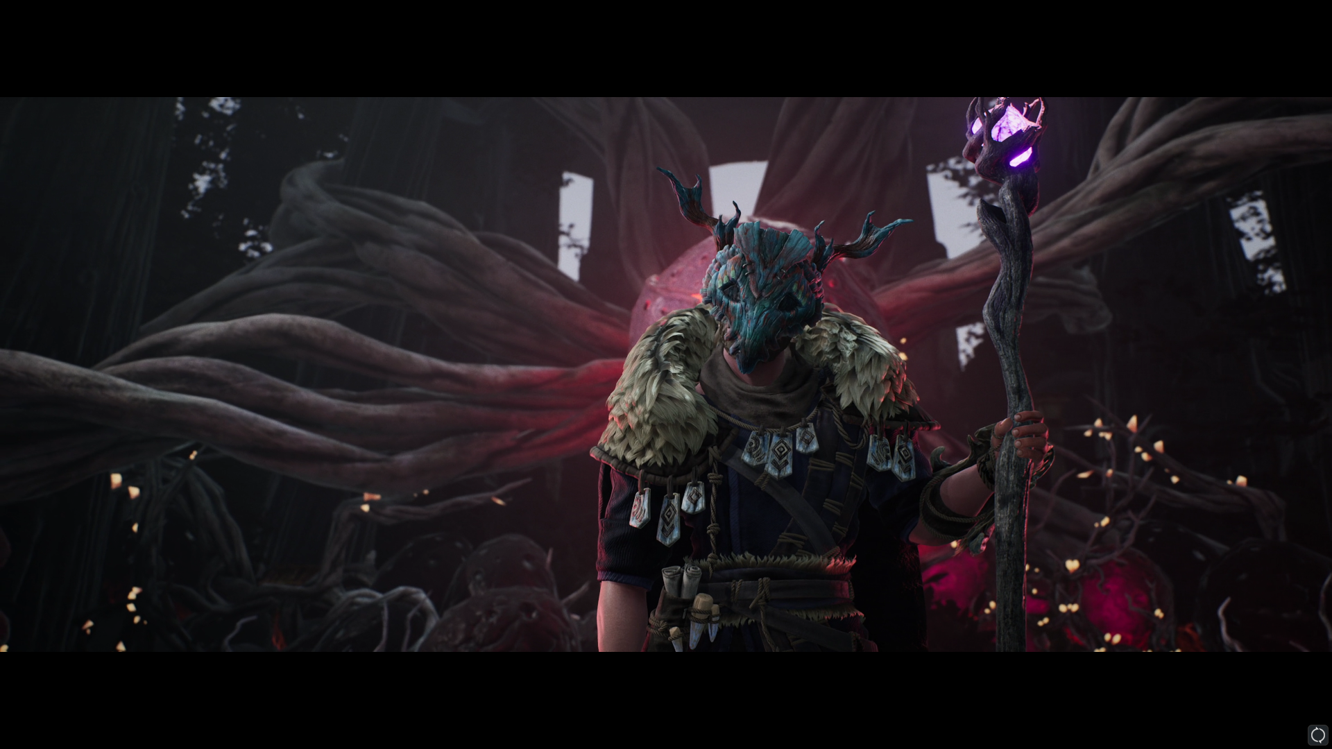Kena final boss standing with purple staff and horned mask in front of roots