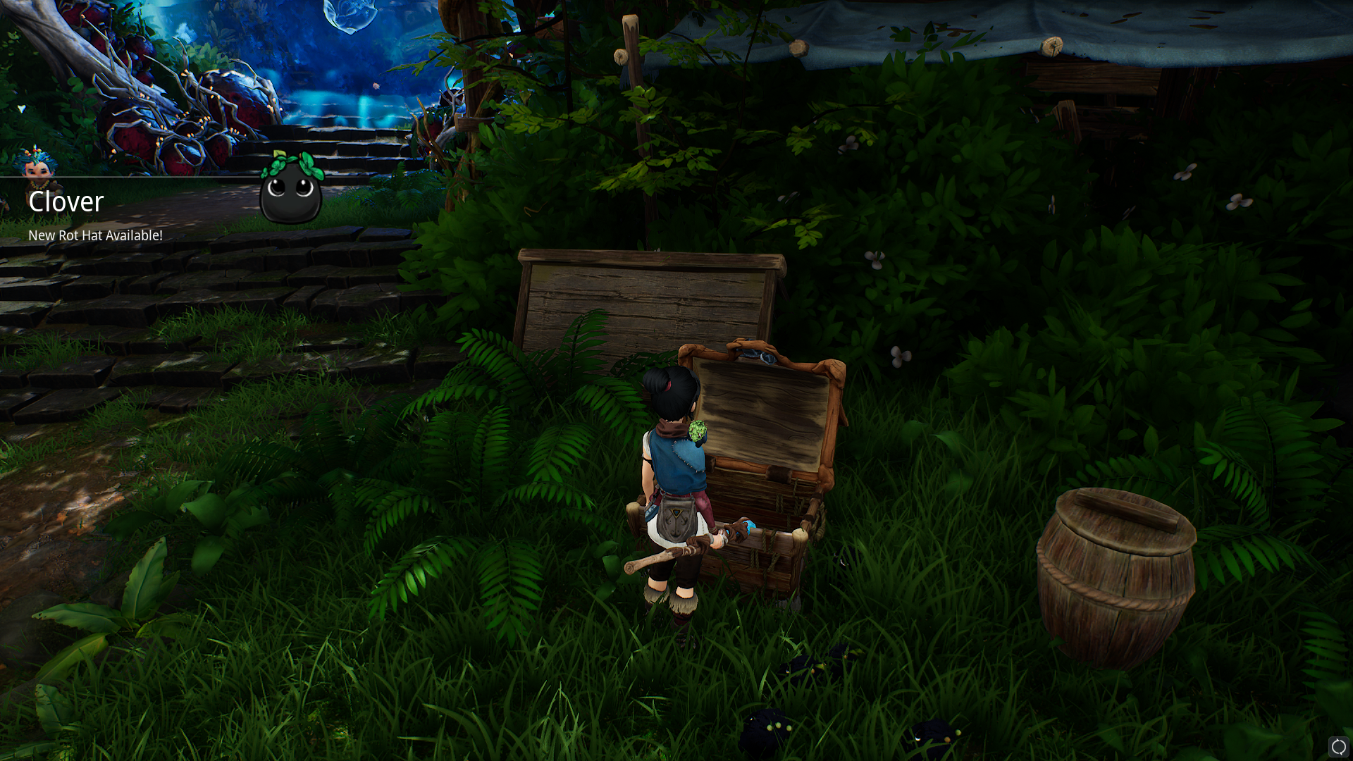 Kena opening a chest with a Rot hat in it beside a blue wall