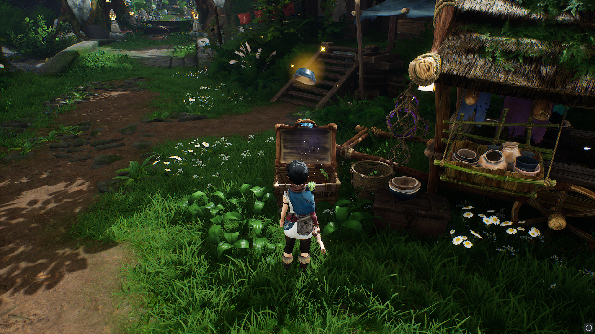 Kena opening a chest with a Rot hat, the pot, in the village