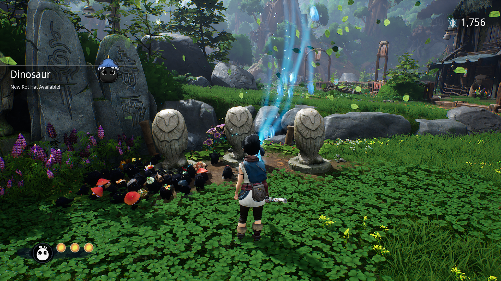 Kena places three owl statues with her Rots, gaining the Dinosaur hat