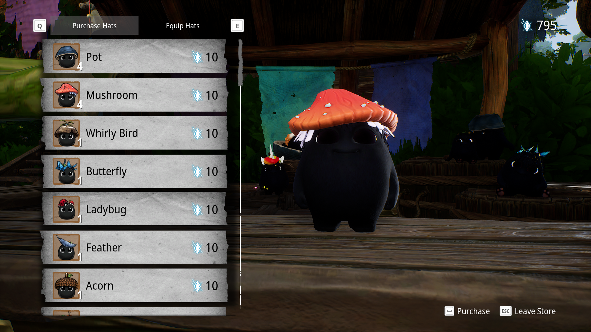 Kena storefront with a Rot standing happily while wearing a mushroom for a hat.