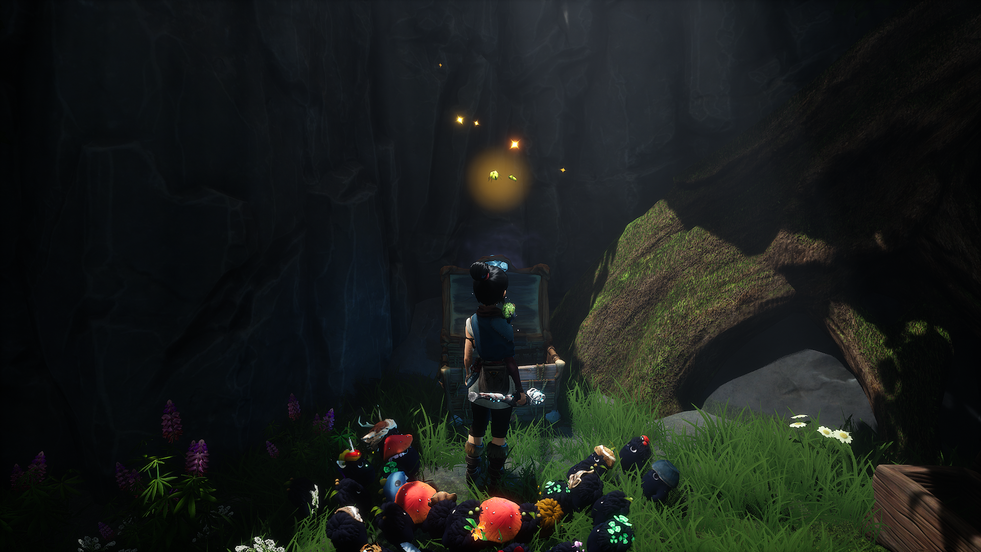 Kena opening a chest to find a Rot hat in it - Beetle.