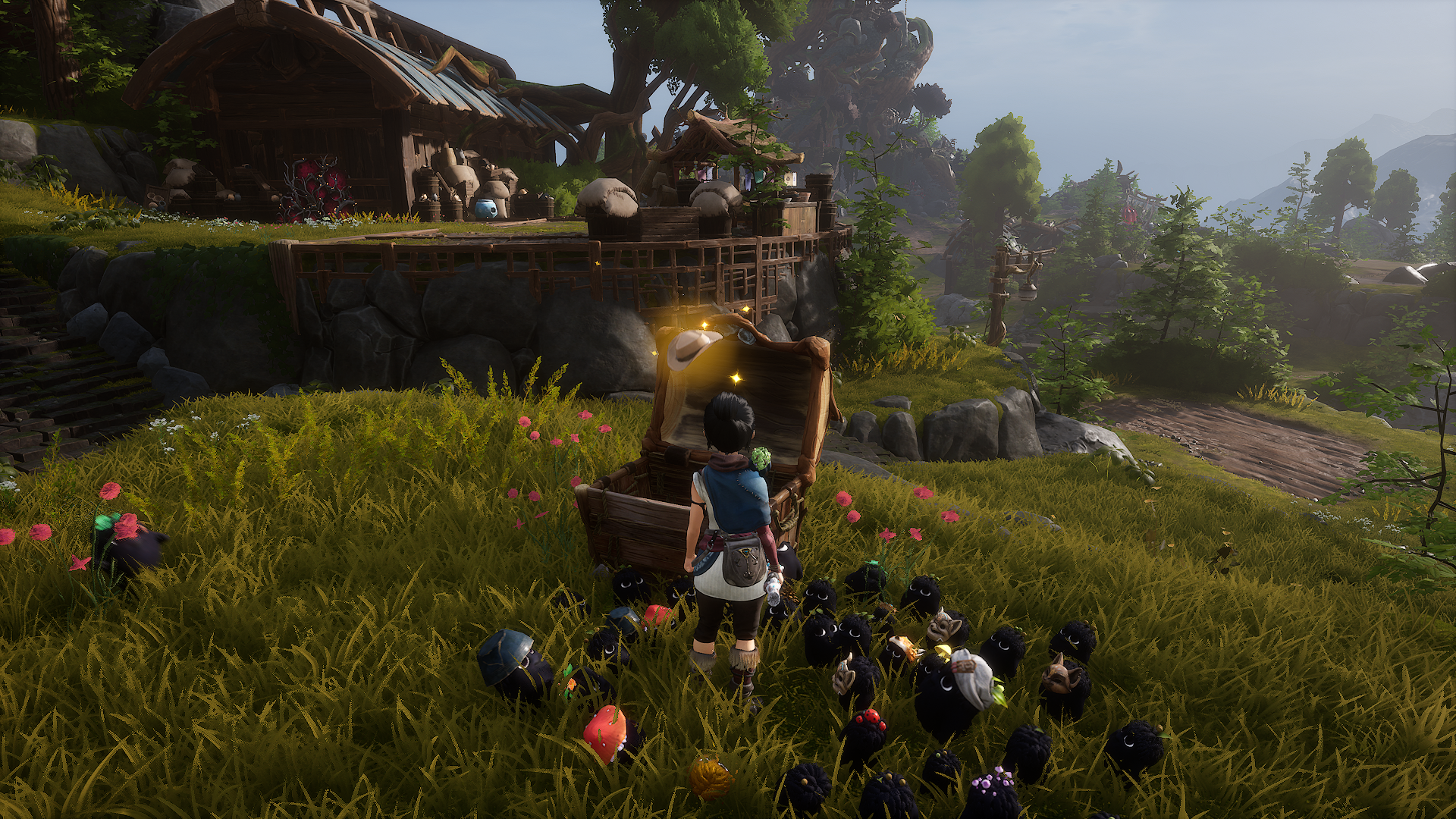 Kena opening a chest with a floating hat inside of it