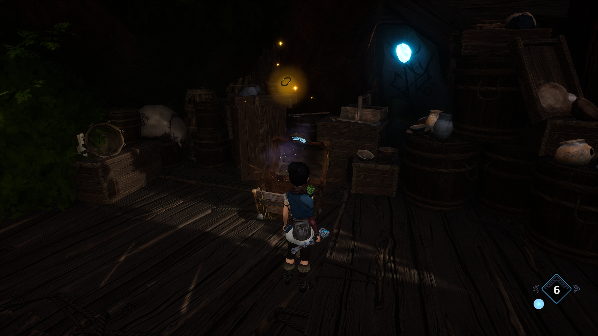 Kena opens a chest with Halo inside