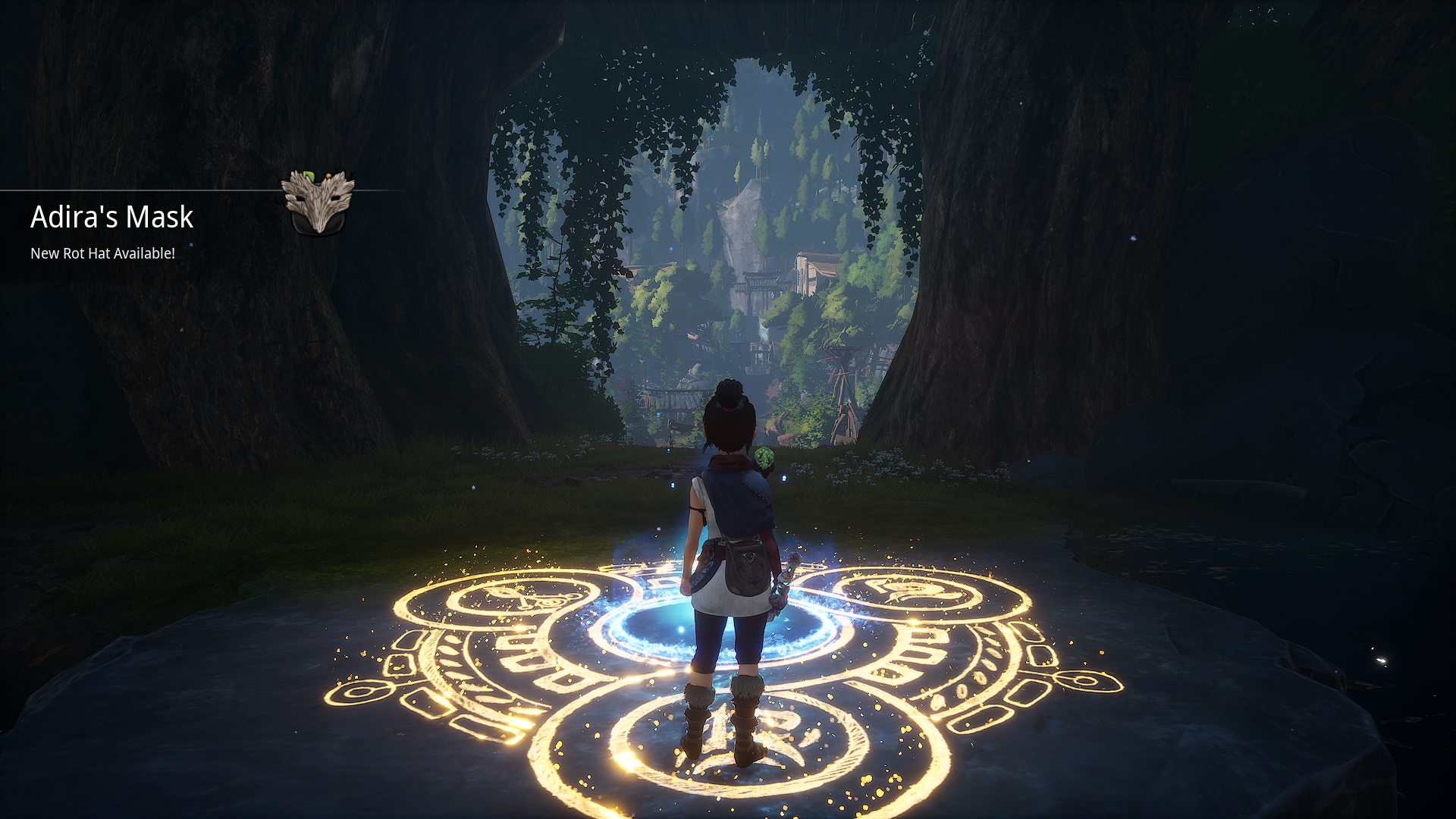 Kena stands on the golden rune with a new mask
