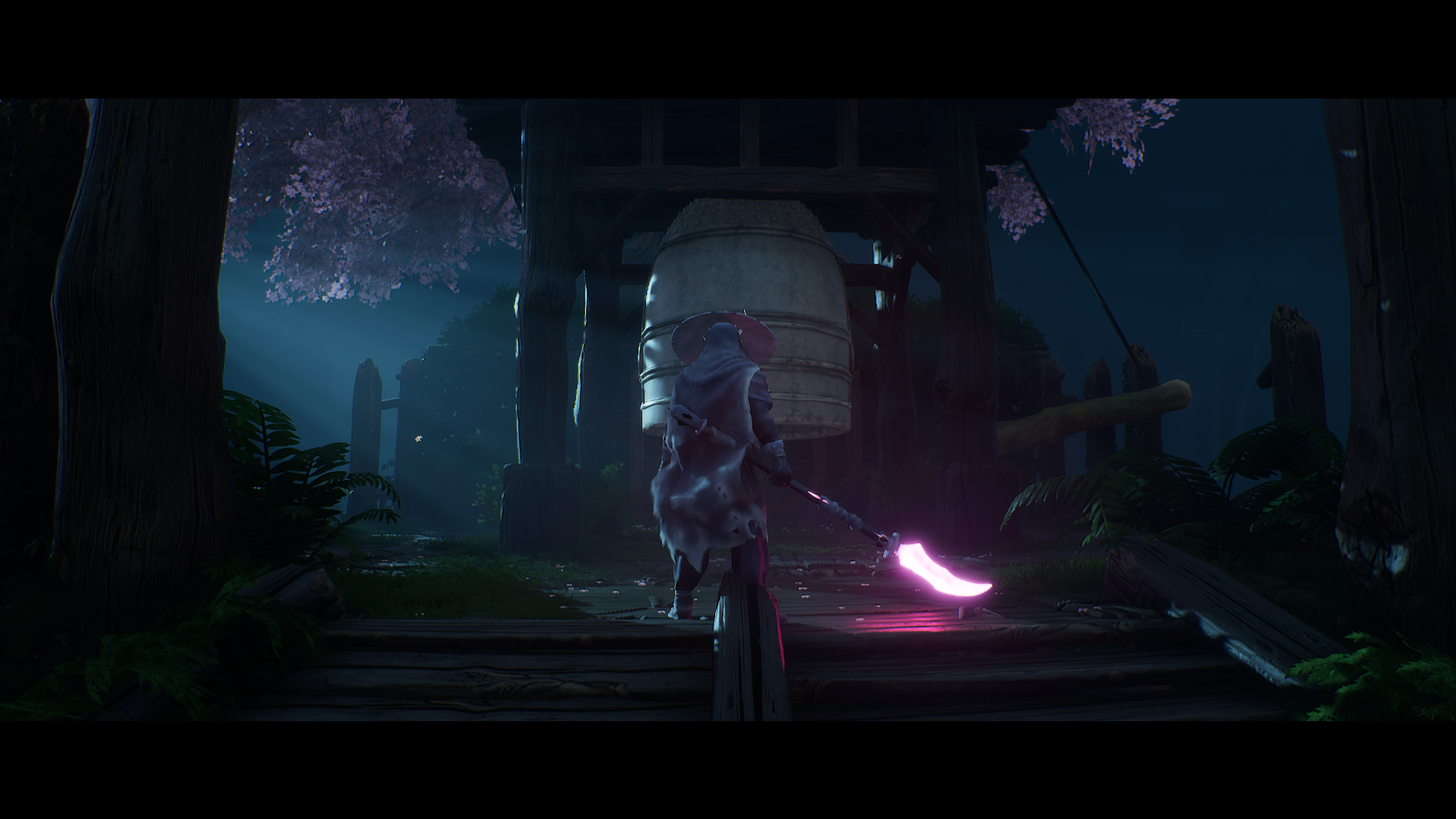 Spirit of Toshi's Love standing with a glaive in hand by a bell