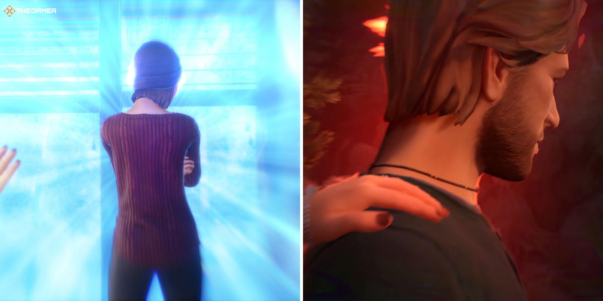 Life Is Strange True Colors Split image - Steph with blue aura on left, Ryan with red aura on right