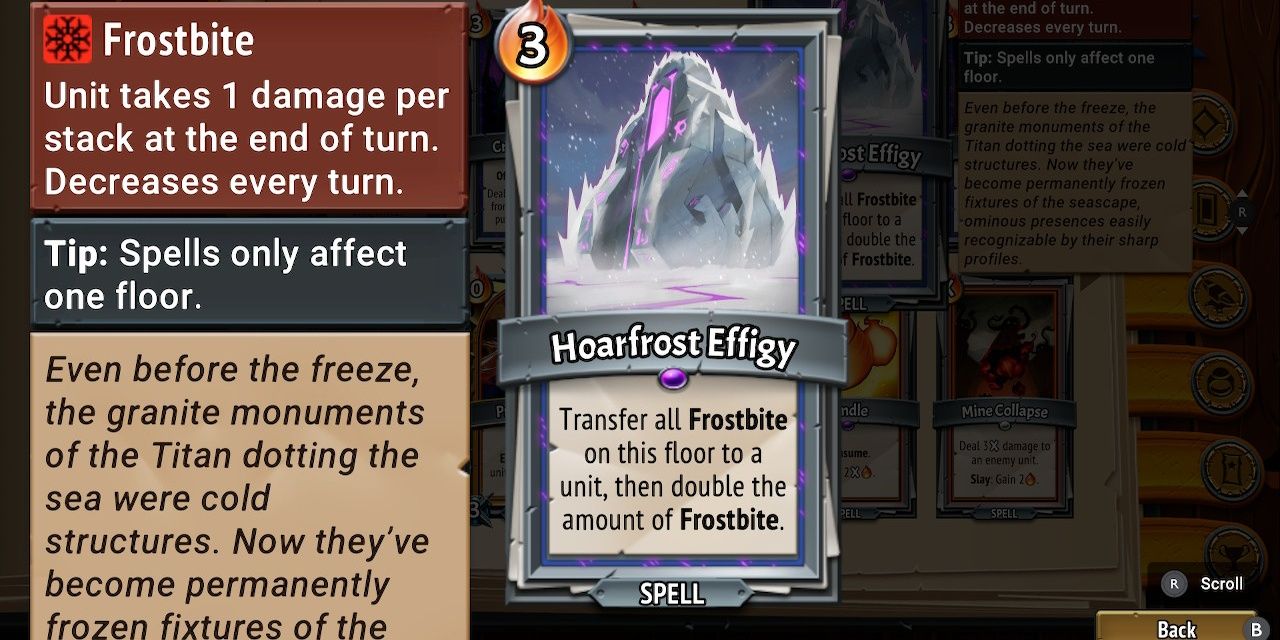 MClose up of Monster Train Hoarfrost Effigy card with flavor text