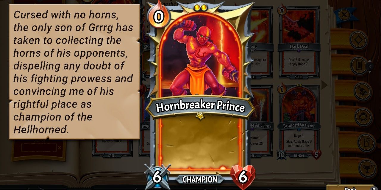 Close up of Monster Train Hornbreaker Prince card with flavor text