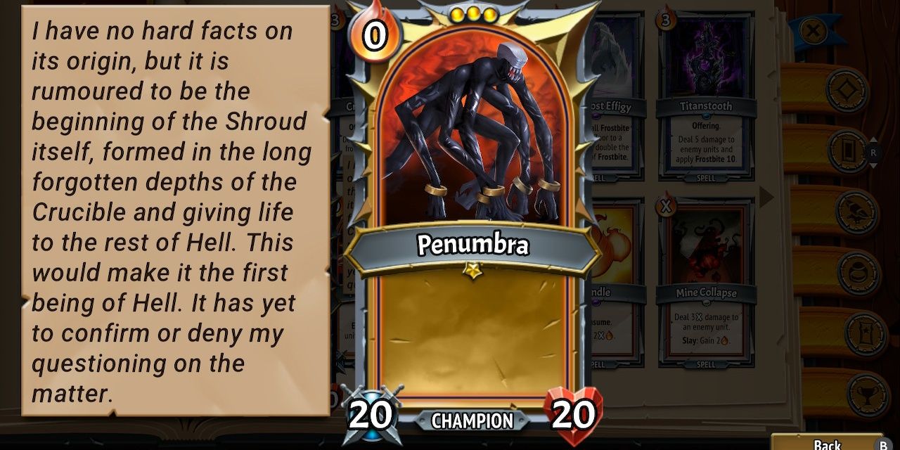 Close up of Monster Train Penumbra card with flavor text