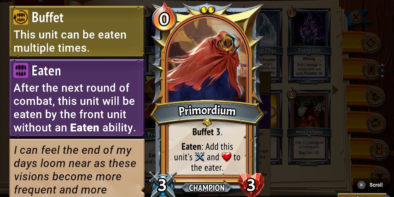 Close up of Monster Train Primordium card with flavor text