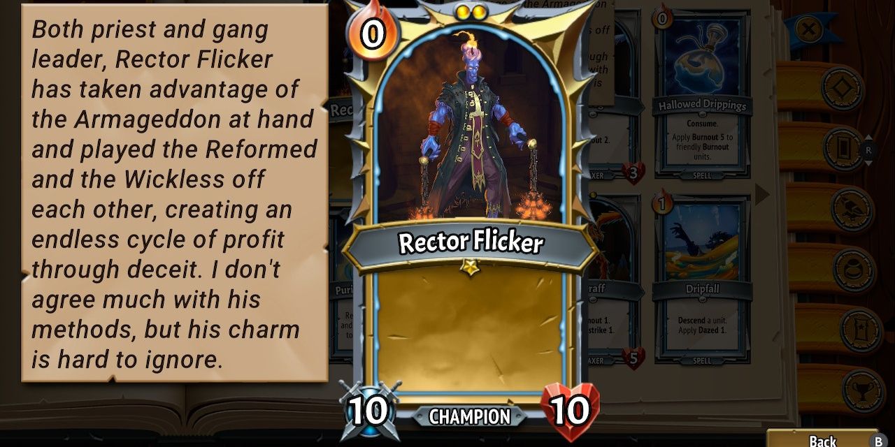 Close up of Monster Train Rector Flicker card with flavor text