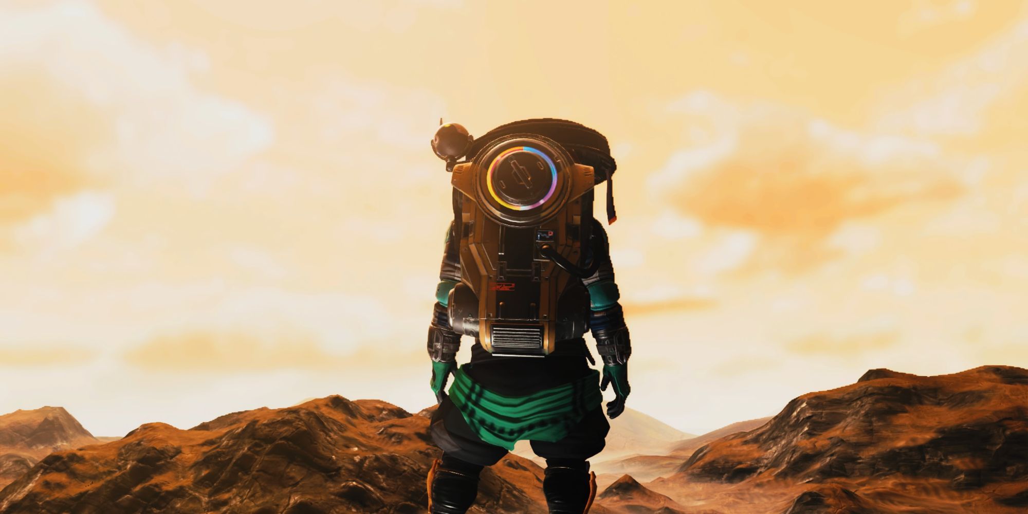 No Man's Sky Gek looking over desert horizon